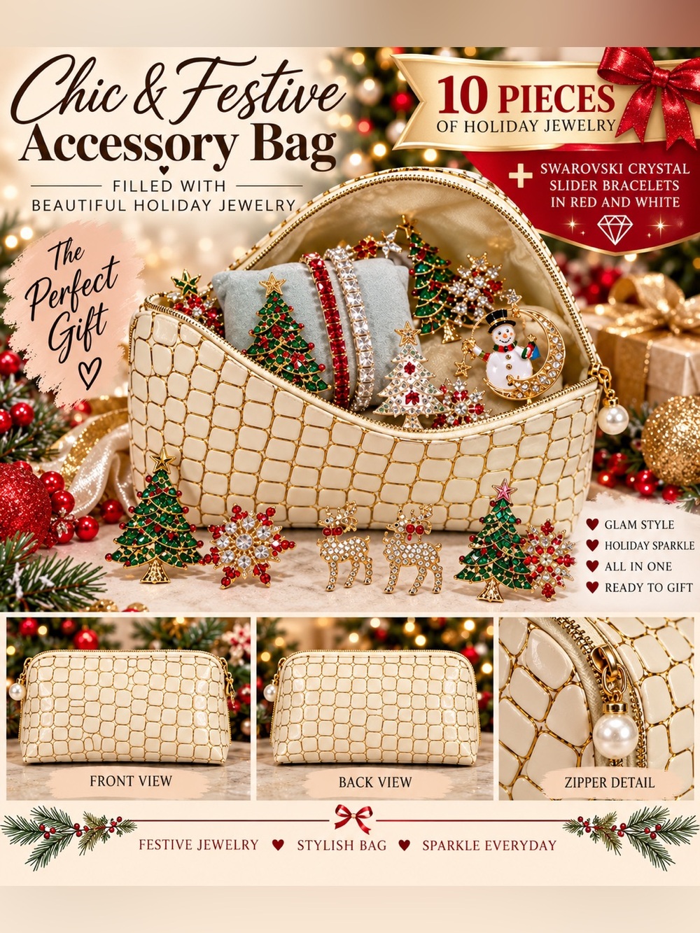 60.  Chic Cream Quilted Cosmetic Bag with Holiday Jewelry Set